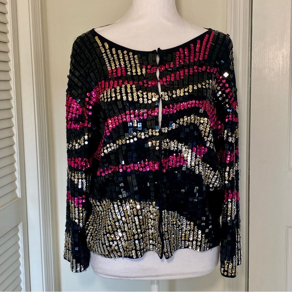 Joseph A QU’EST-CE QUE C’EST SILK Sequin Cardigan Sweater M Glam Psychedelic EUC